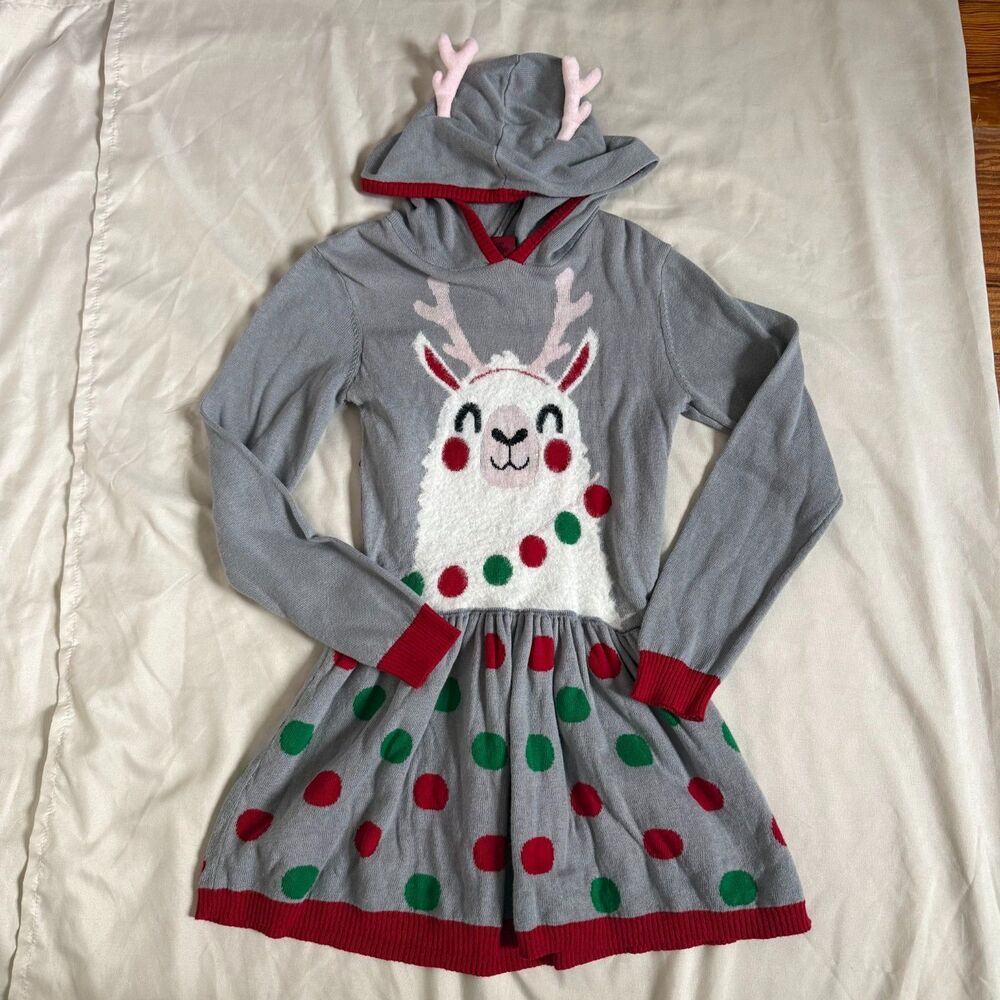 Well Worn Holiday llama sweater dress girls XS 4-5 gray hooded festive Christmas
